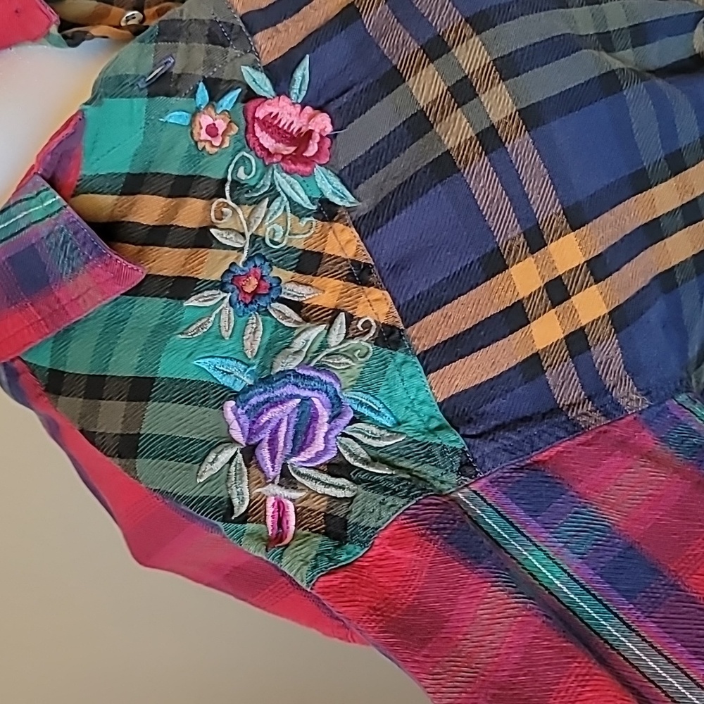 Patchwork plaid floral embroidered vintage 90s shirt size M - Picture 3 of 5